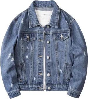 Verdusa Boy's Ripped Long Sleeve Button Front Denim Jacket Coat Outerwear