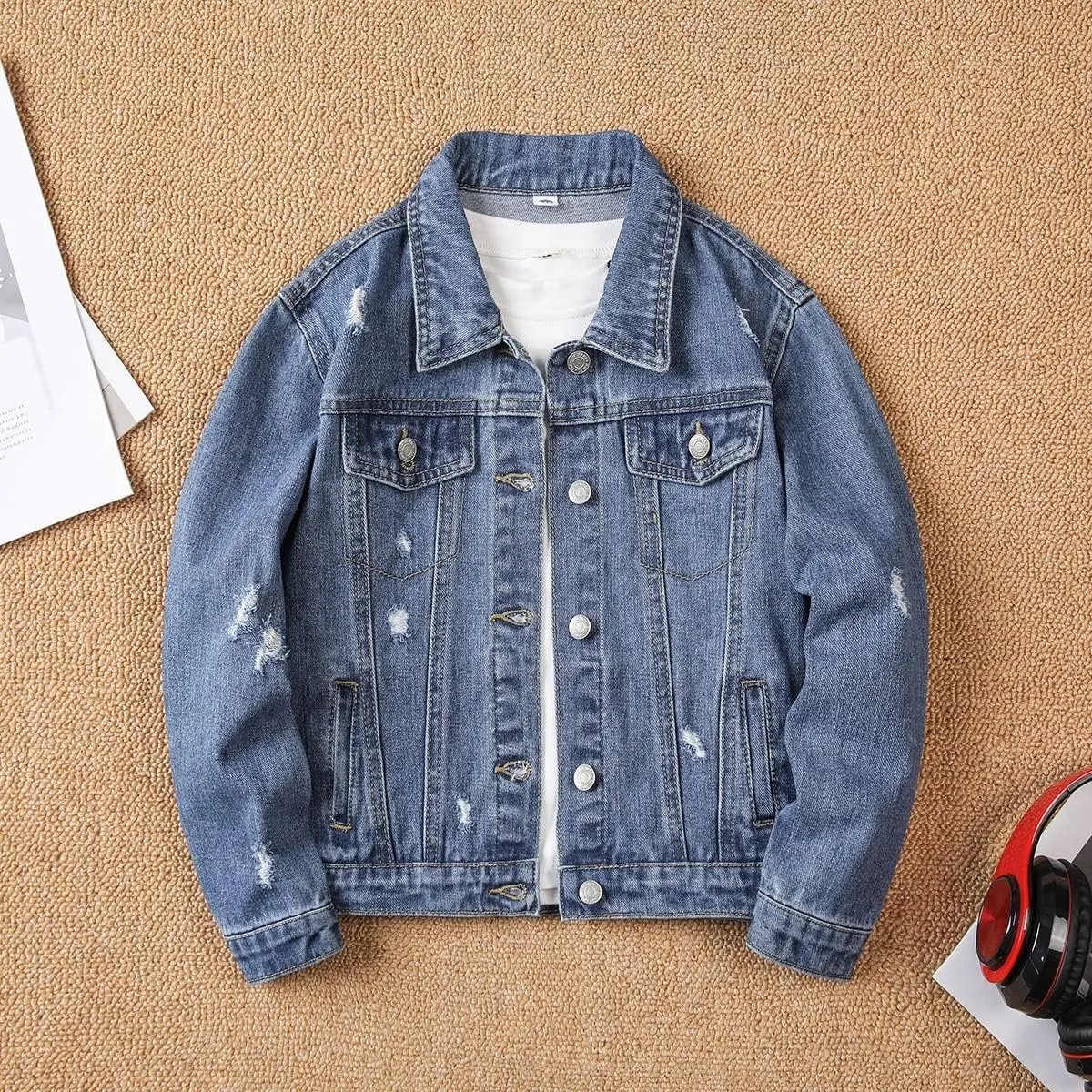 Verdusa Boy's Ripped Long Sleeve Button Front Denim Jacket Coat Outerwear