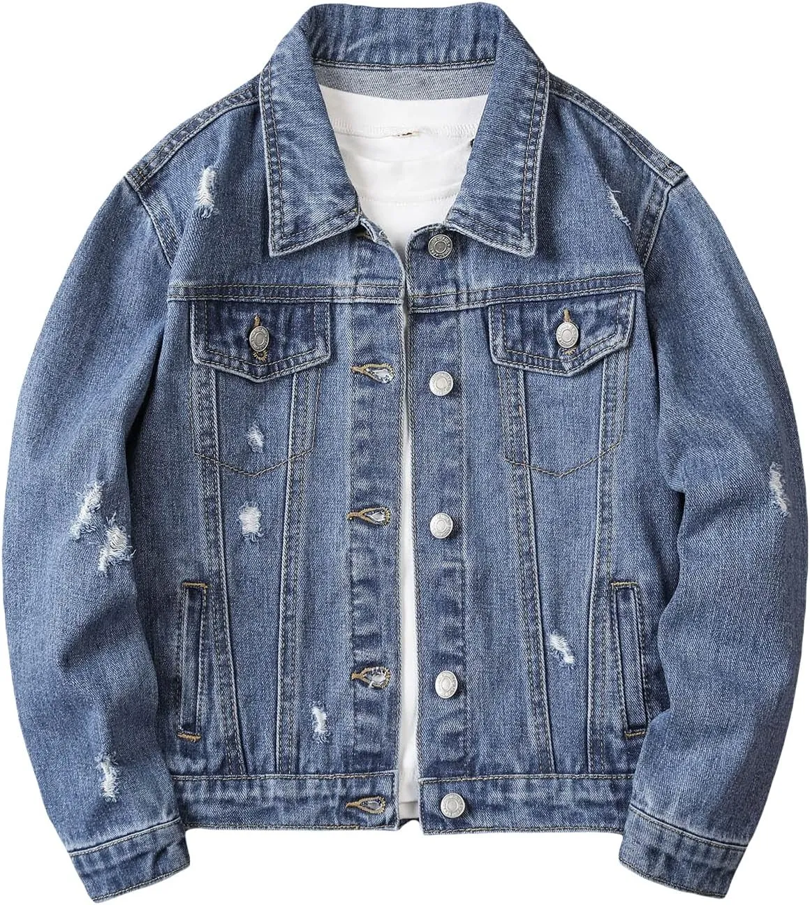 Verdusa Boy's Ripped Long Sleeve Button Front Denim Jacket Coat Outerwear