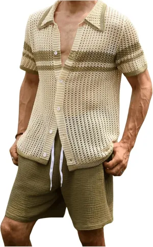 Verdusa Men's Hollow Out Knitted Button Down Short Sleeve Cardigan Sweater