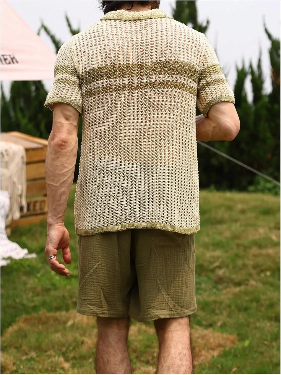 Verdusa Men's Hollow Out Knitted Button Down Short Sleeve Cardigan Sweater