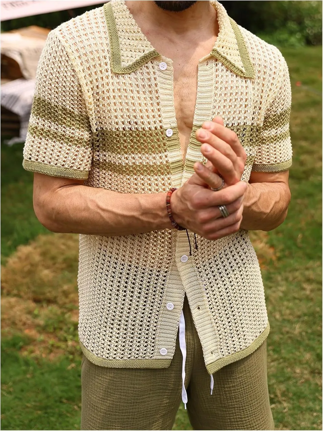 Verdusa Men's Hollow Out Knitted Button Down Short Sleeve Cardigan Sweater