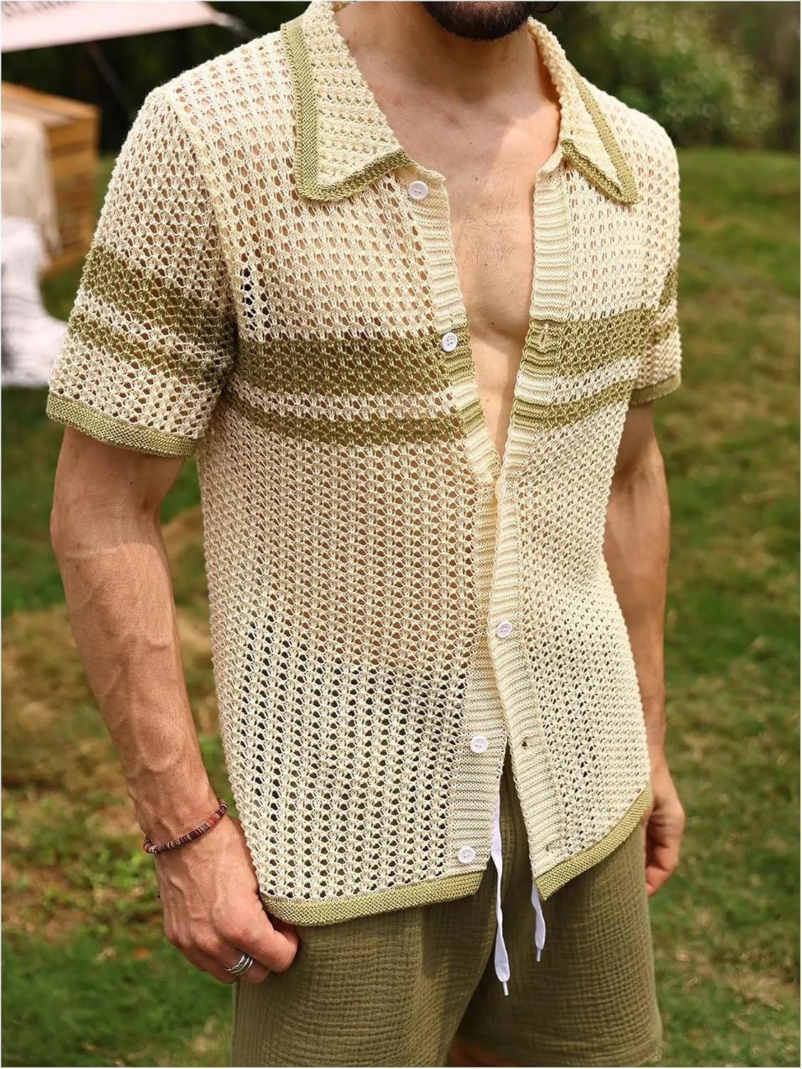 Verdusa Men's Hollow Out Knitted Button Down Short Sleeve Cardigan Sweater