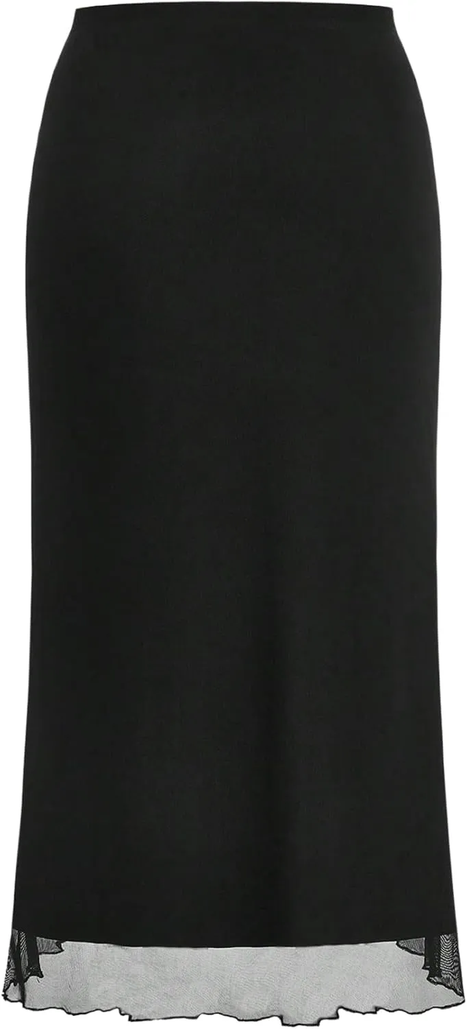 Verdusa Women's Plus Size High Waisted Maxi Skirt Casual Mesh Layered Long Bodycon Skirts