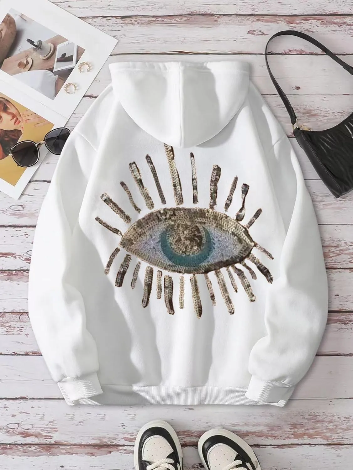 Vhitler Sequin Evil Eye Hoodies Y2k Oversized Graphic Cute Hoodies Womens Sweatshirts Trendy Mama Sweatshirts Hooded