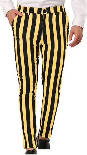 Vintage Striped Dress Pants for Mens Casual Slim Fit Flat Front Skinny Trousers Party Club Colorful Chino Suit Pants