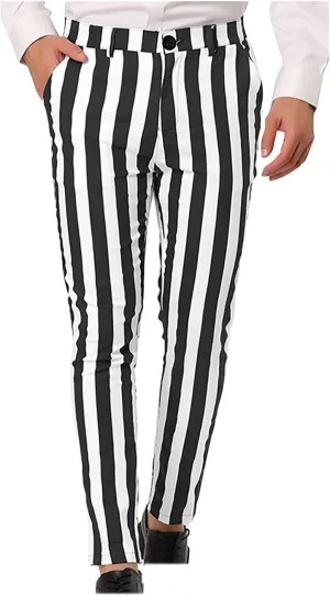 Vintage Striped Dress Pants for Mens Casual Slim Fit Flat Front Skinny Trousers Party Club Colorful Chino Suit Pants