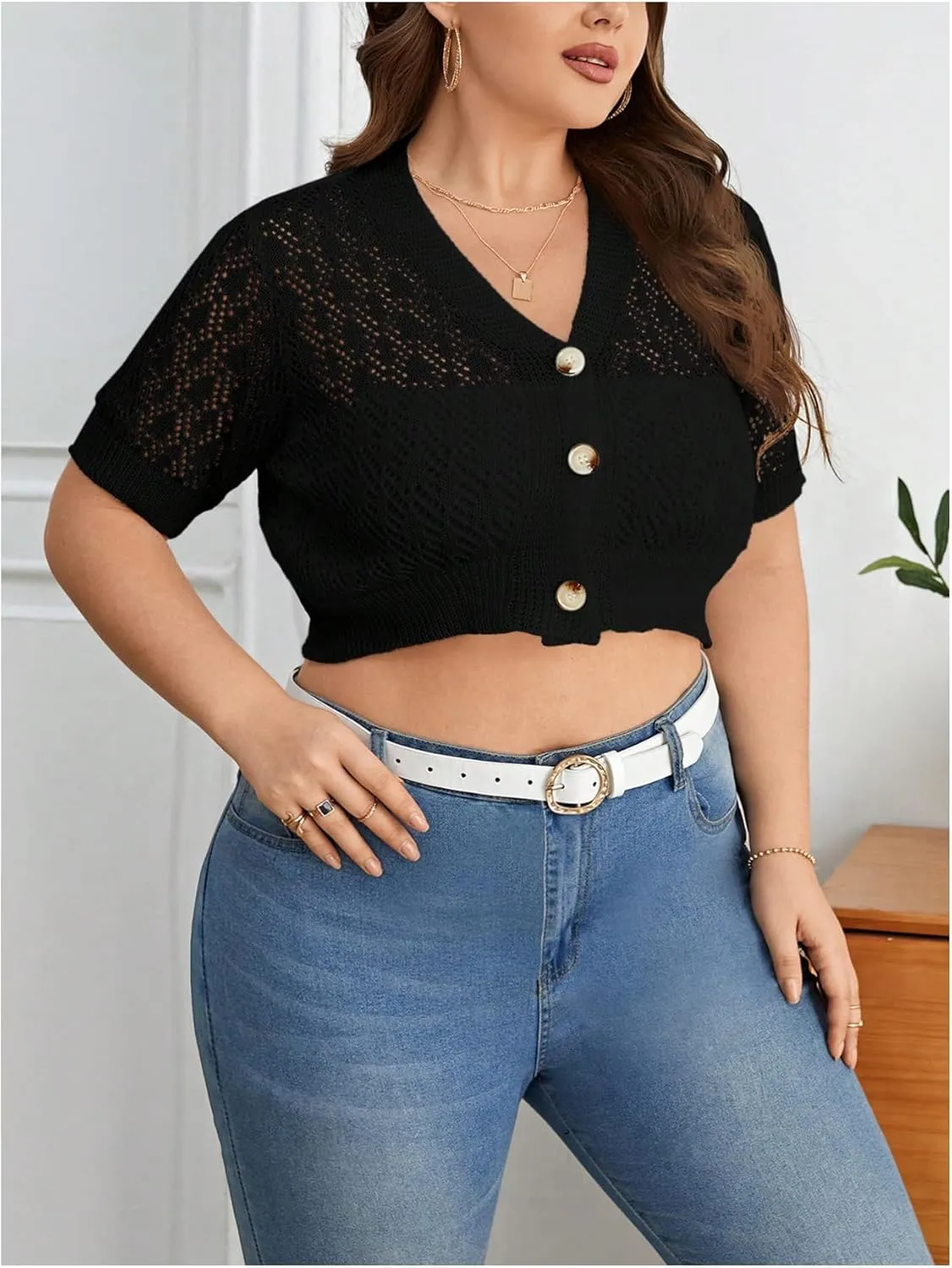 WDIRARA Women's Plus Size Button Front Hollow Out Knit Crop Cardigan V Neck Short Sleeve Sweater