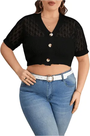 WDIRARA Women's Plus Size Button Front Hollow Out Knit Crop Cardigan V Neck Short Sleeve Sweater