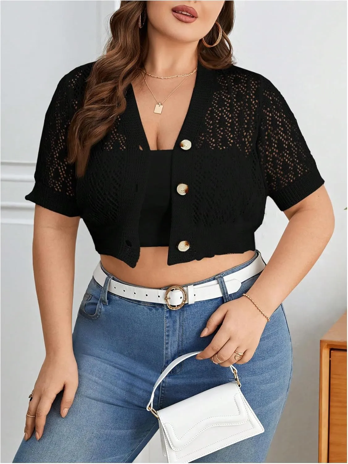 WDIRARA Women's Plus Size Button Front Hollow Out Knit Crop Cardigan V Neck Short Sleeve Sweater