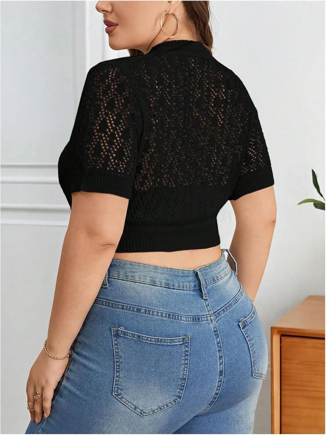 WDIRARA Women's Plus Size Button Front Hollow Out Knit Crop Cardigan V Neck Short Sleeve Sweater