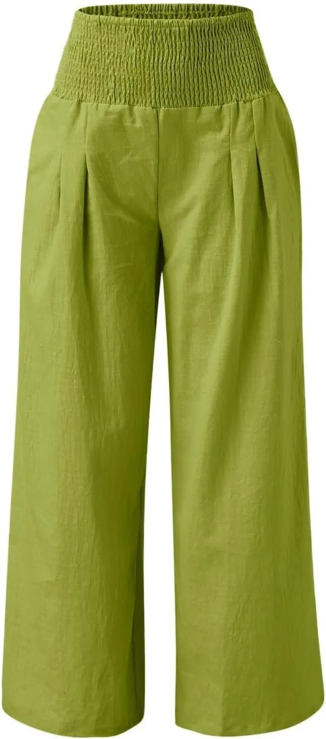Wide Leg Linen Pants for Women Beach Summer Casual Elastic High Waist Loose Comfy Trousers Trendy Palazzo Pants with Pockets