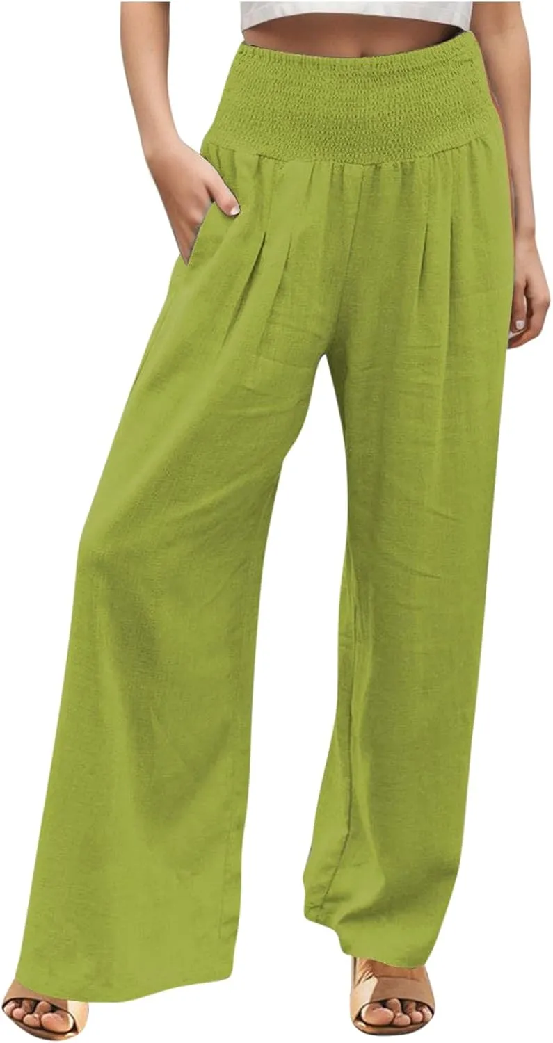 Wide Leg Linen Pants for Women Beach Summer Casual Elastic High Waist Loose Comfy Trousers Trendy Palazzo Pants with Pockets
