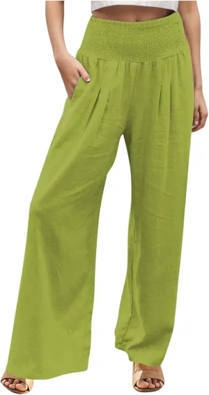 Wide Leg Linen Pants for Women Beach Summer Casual Elastic High Waist Loose Comfy Trousers Trendy Palazzo Pants with Pockets