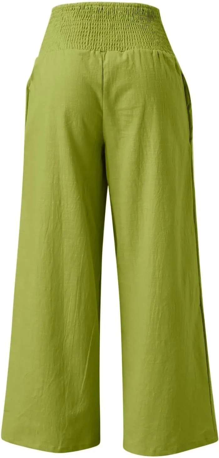 Wide Leg Linen Pants for Women Beach Summer Casual Elastic High Waist Loose Comfy Trousers Trendy Palazzo Pants with Pockets