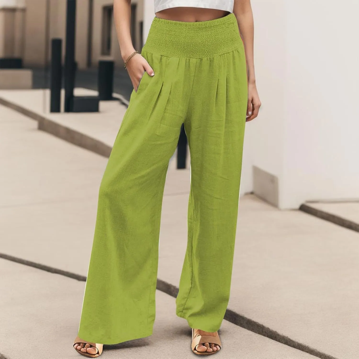 Wide Leg Linen Pants for Women Beach Summer Casual Elastic High Waist Loose Comfy Trousers Trendy Palazzo Pants with Pockets
