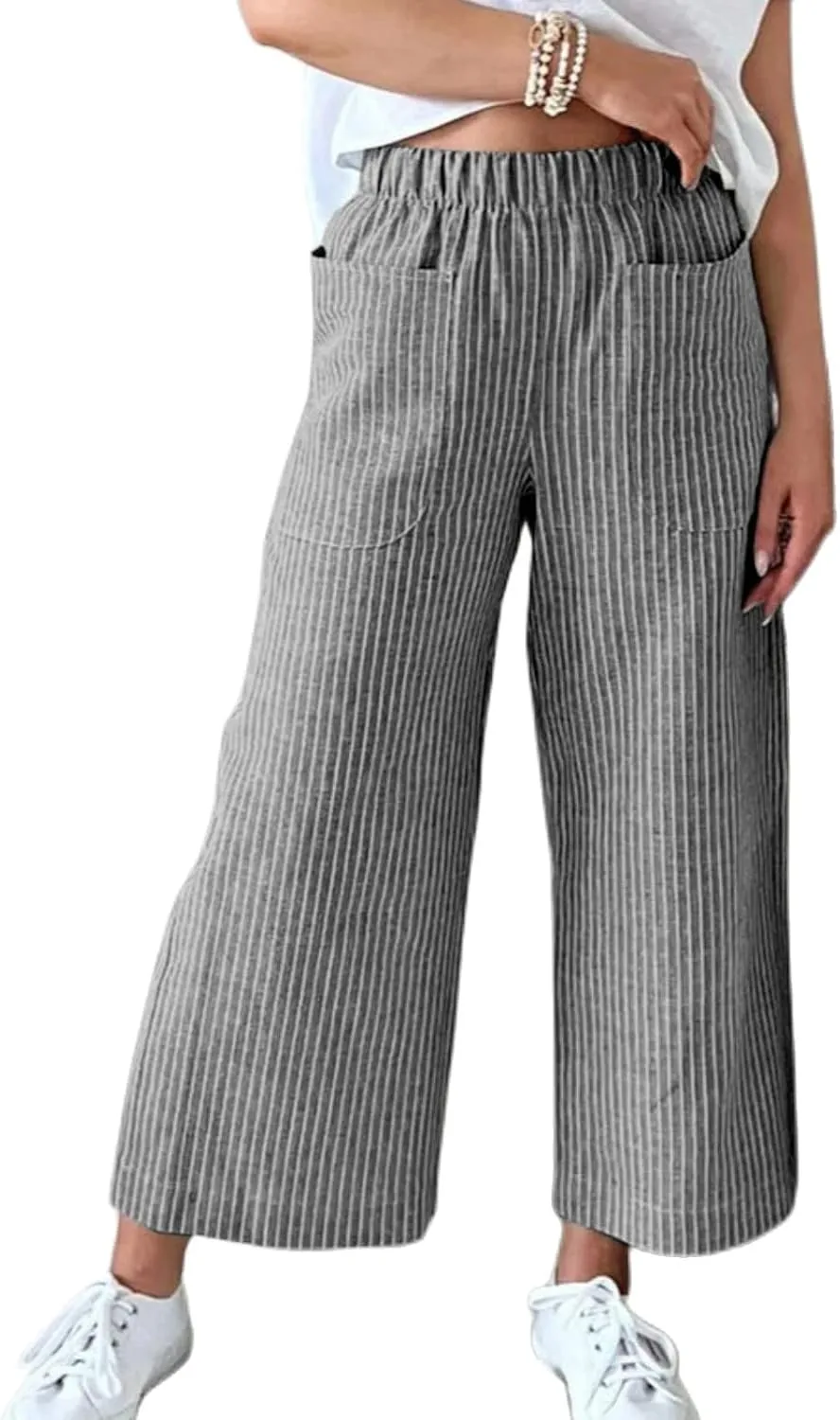 Wide Leg Linen Pants for Women High Waisted Trousers Casual Loose Straight Pant Elastic Waist Bottoms with Pockets