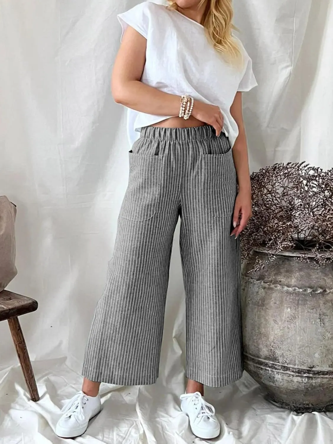 Wide Leg Linen Pants for Women High Waisted Trousers Casual Loose Straight Pant Elastic Waist Bottoms with Pockets