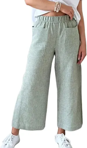 Wide Leg Linen Pants for Women High Waisted Trousers Casual Loose Straight Pant Elastic Waist Bottoms with Pockets