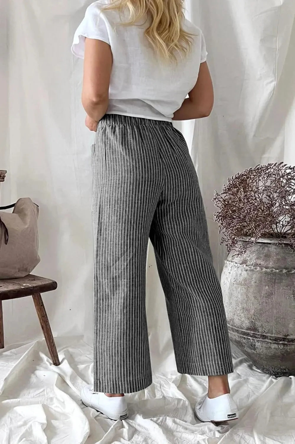 Wide Leg Linen Pants for Women High Waisted Trousers Casual Loose Straight Pant Elastic Waist Bottoms with Pockets