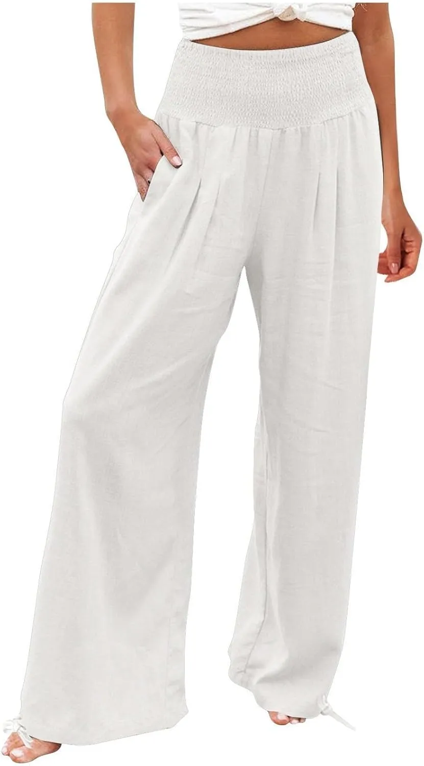 Wide Leg Linen Pants Women Summer High Waisted Boho Beach Flowy Pant Casual Vacation Outfits Elastic Lounge Trousers