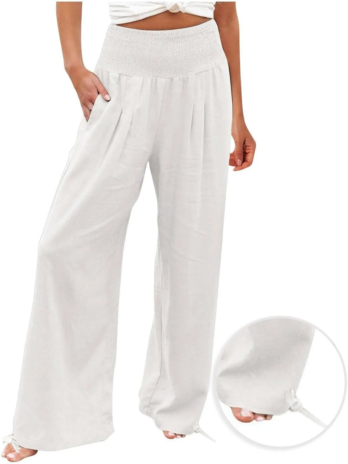 Wide Leg Linen Pants Women Summer High Waisted Boho Beach Flowy Pant Casual Vacation Outfits Elastic Lounge Trousers