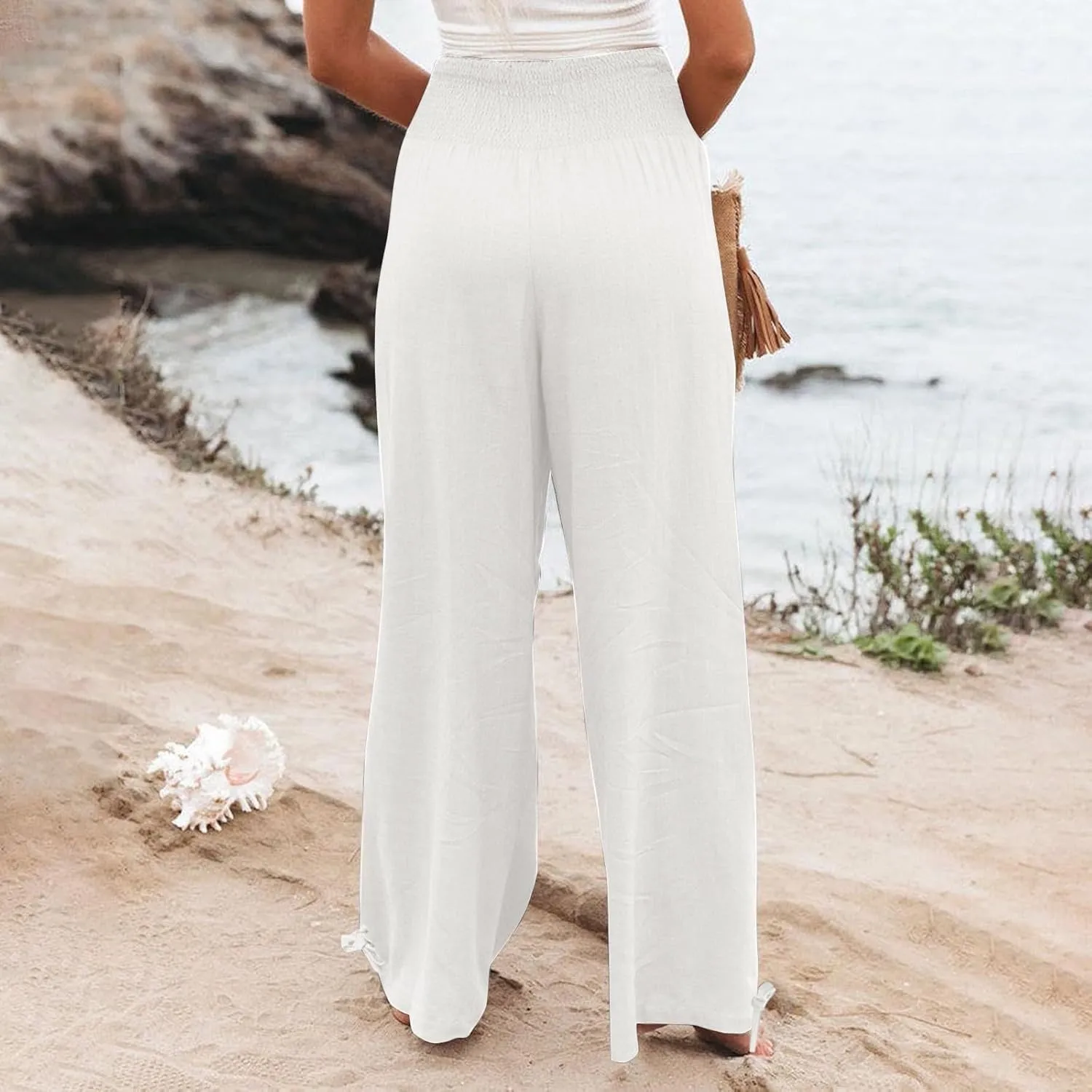 Wide Leg Linen Pants Women Summer High Waisted Boho Beach Flowy Pant Casual Vacation Outfits Elastic Lounge Trousers