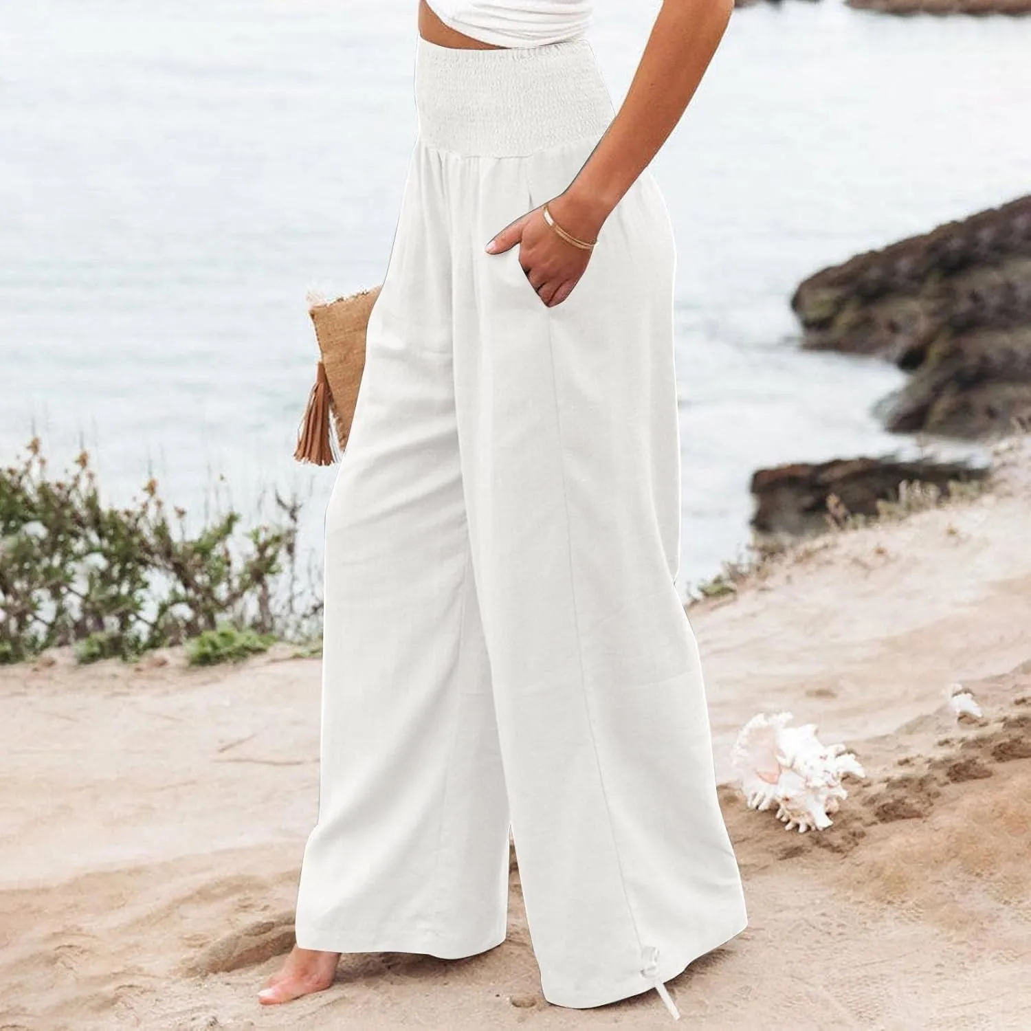 Wide Leg Linen Pants Women Summer High Waisted Boho Beach Flowy Pant Casual Vacation Outfits Elastic Lounge Trousers