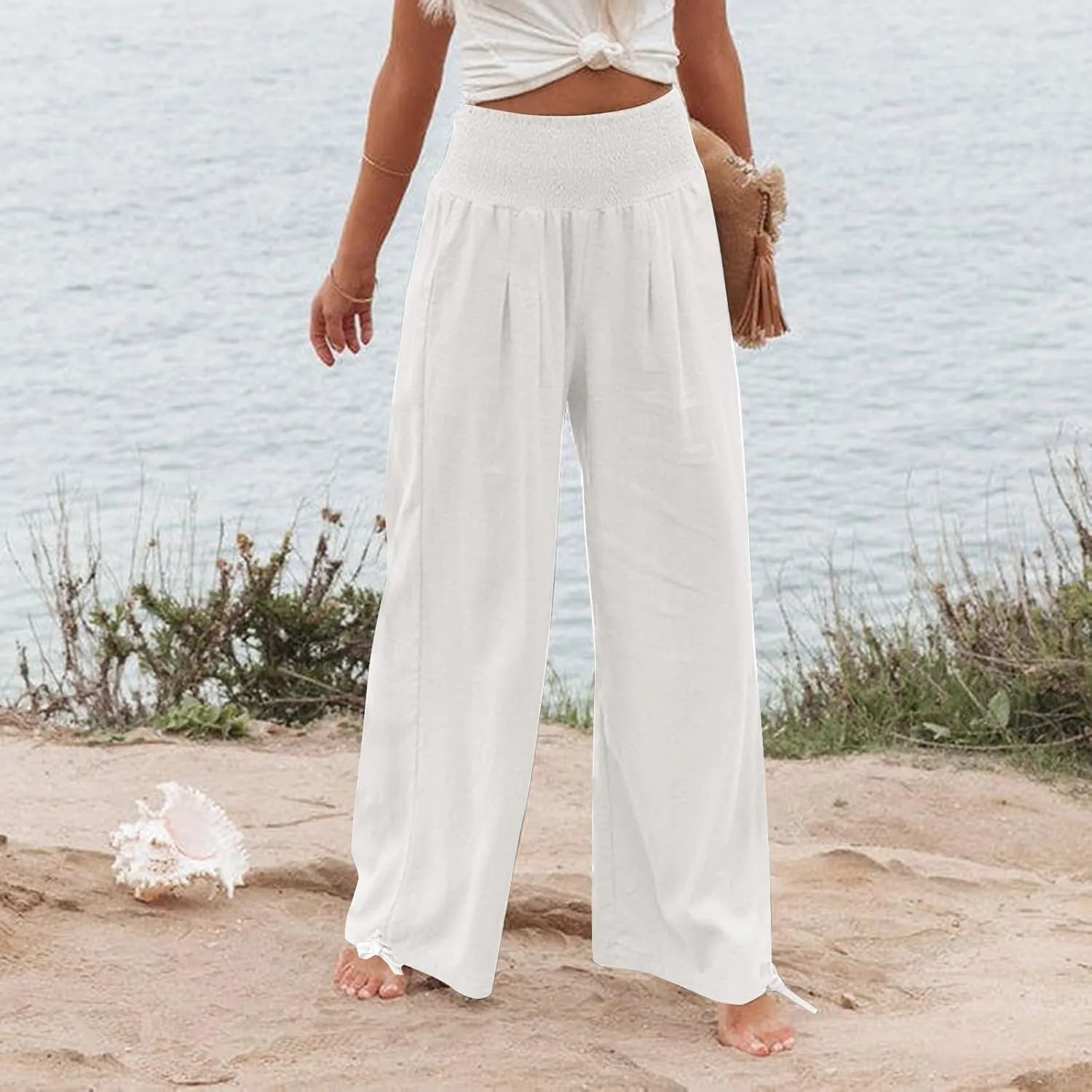Wide Leg Linen Pants Women Summer High Waisted Boho Beach Flowy Pant Casual Vacation Outfits Elastic Lounge Trousers