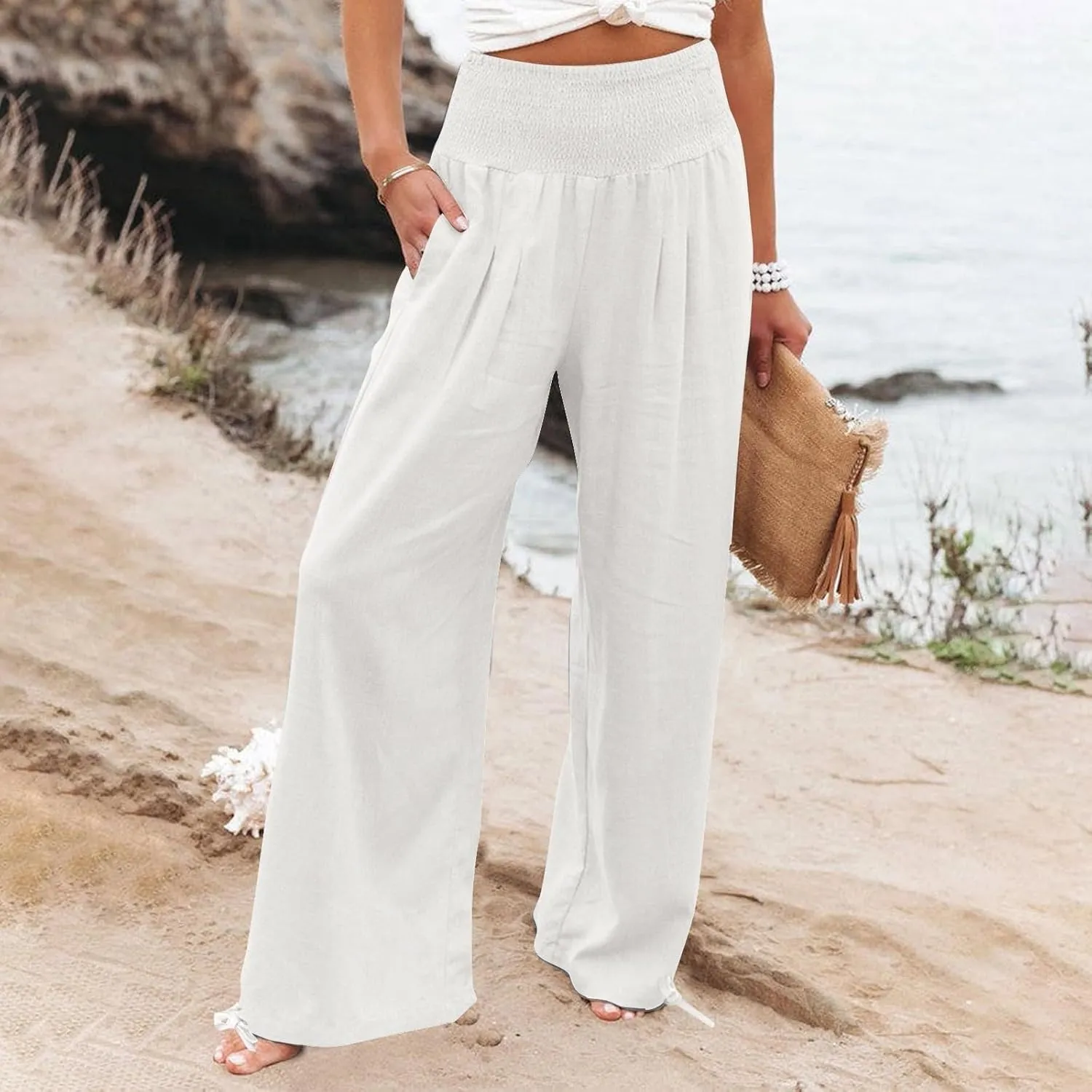 Wide Leg Linen Pants Women Summer High Waisted Boho Beach Flowy Pant Casual Vacation Outfits Elastic Lounge Trousers