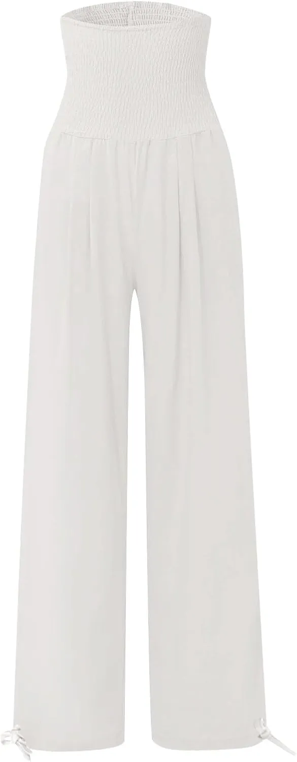Wide Leg Linen Pants Women Summer High Waisted Boho Beach Flowy Pant Casual Vacation Outfits Elastic Lounge Trousers