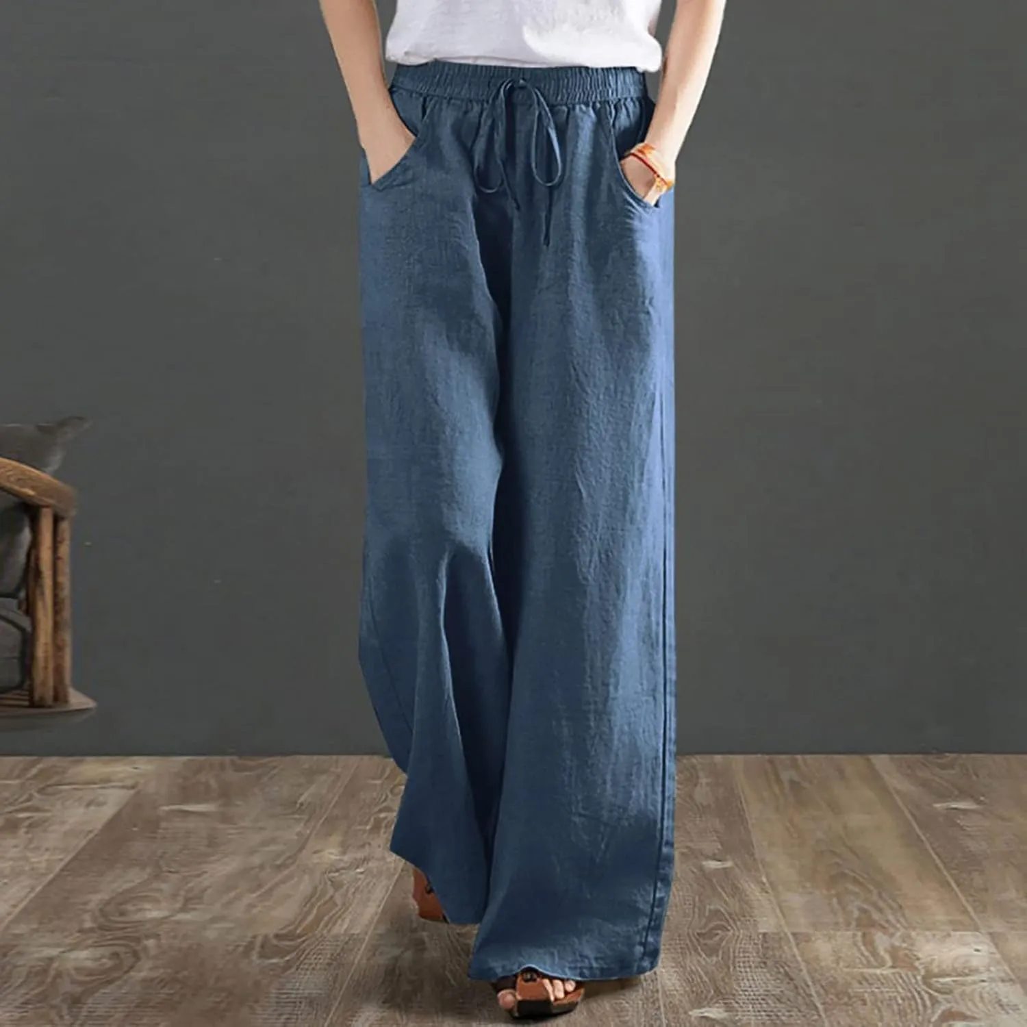 Wide Leg Palazzo Pants for Women Dressy Casual 2024 Cotton Linen Flowy Pants Summer Beach High Waist Long Trousers