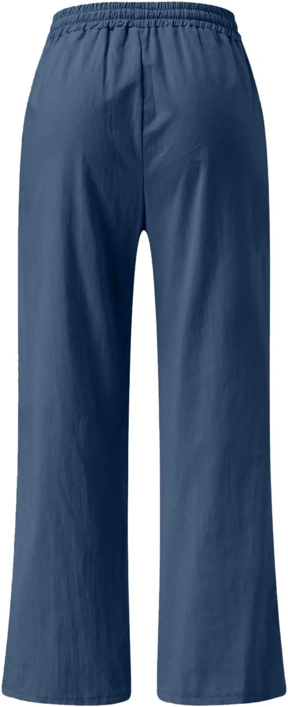 Wide Leg Palazzo Pants for Women Dressy Casual 2024 Cotton Linen Flowy Pants Summer Beach High Waist Long Trousers