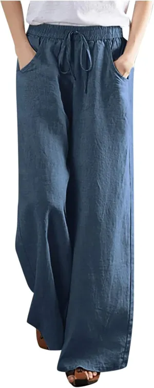 Wide Leg Palazzo Pants for Women Dressy Casual 2024 Cotton Linen Flowy Pants Summer Beach High Waist Long Trousers