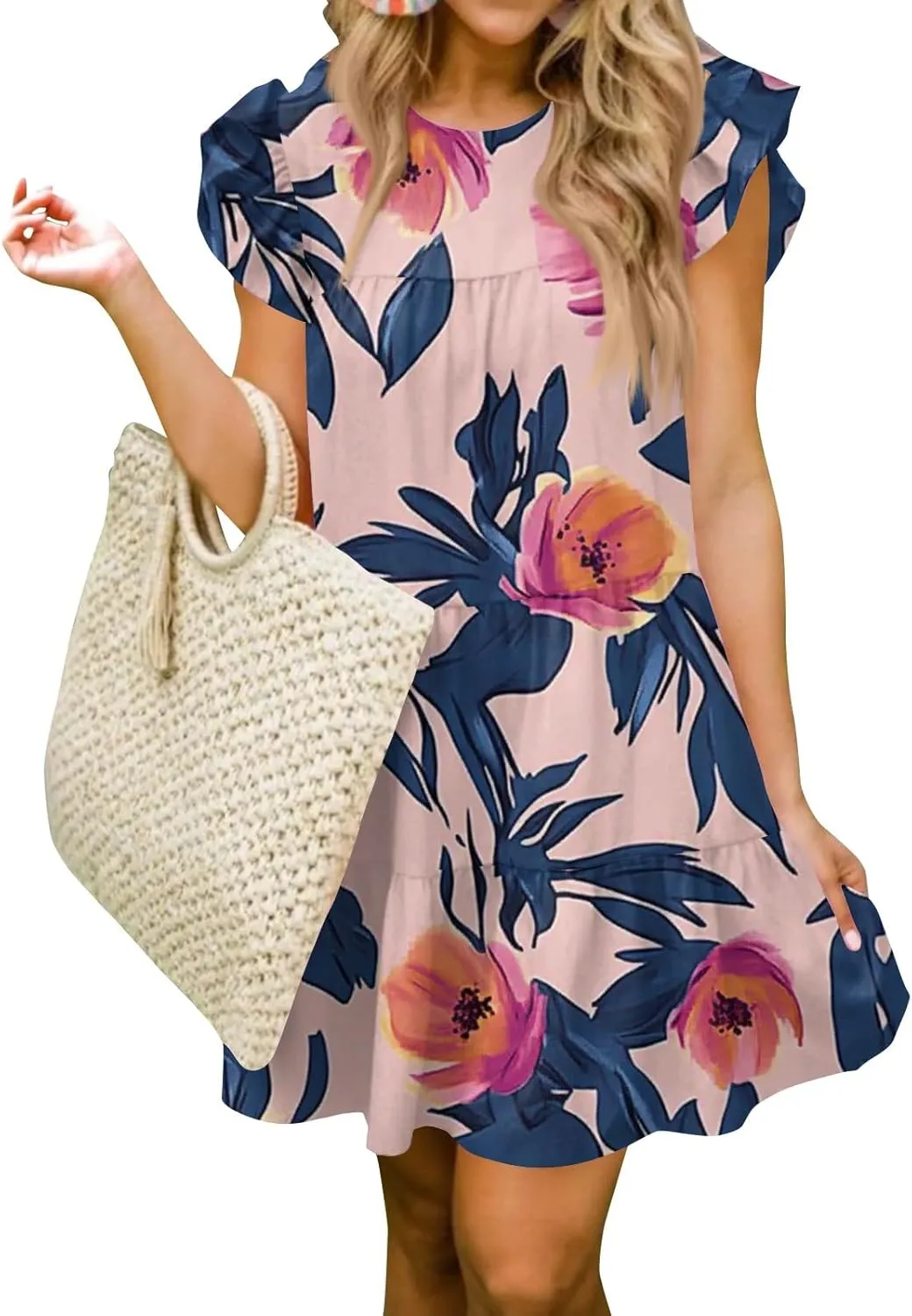 Women Babydoll Summer Casual Crew Neck Ruffle Sleeve Sleeveless Flowy Mini Short Tunic Dress Floral Print Pleated Dress2-Pink,Large
