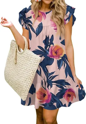 Women Babydoll Summer Casual Crew Neck Ruffle Sleeve Sleeveless Flowy Mini Short Tunic Dress Floral Print Pleated Dress2-Pink,Large