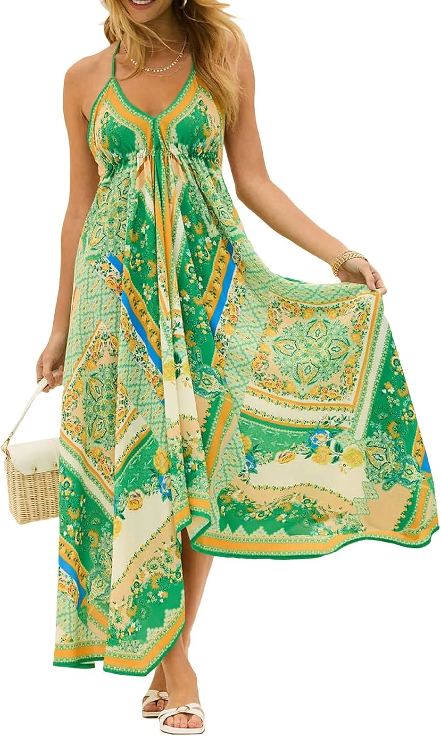 Women Boho Floral Long Cami Dress Backless Square Neck Graffiti Maxi Dress A-line Flowy Summer Beach Sundress