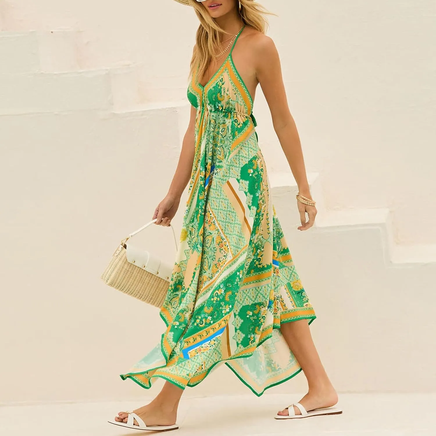 Women Boho Floral Long Cami Dress Backless Square Neck Graffiti Maxi Dress A-line Flowy Summer Beach Sundress