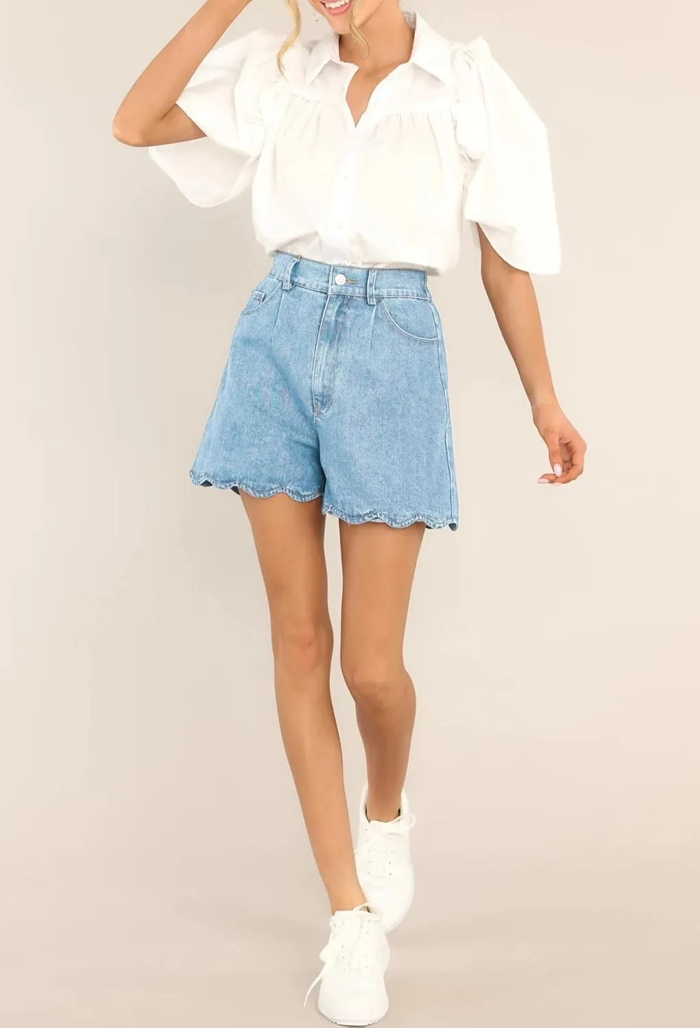 Women Casual High Waist Jean Shorts Wave Hem Trendy Flared Denim Short