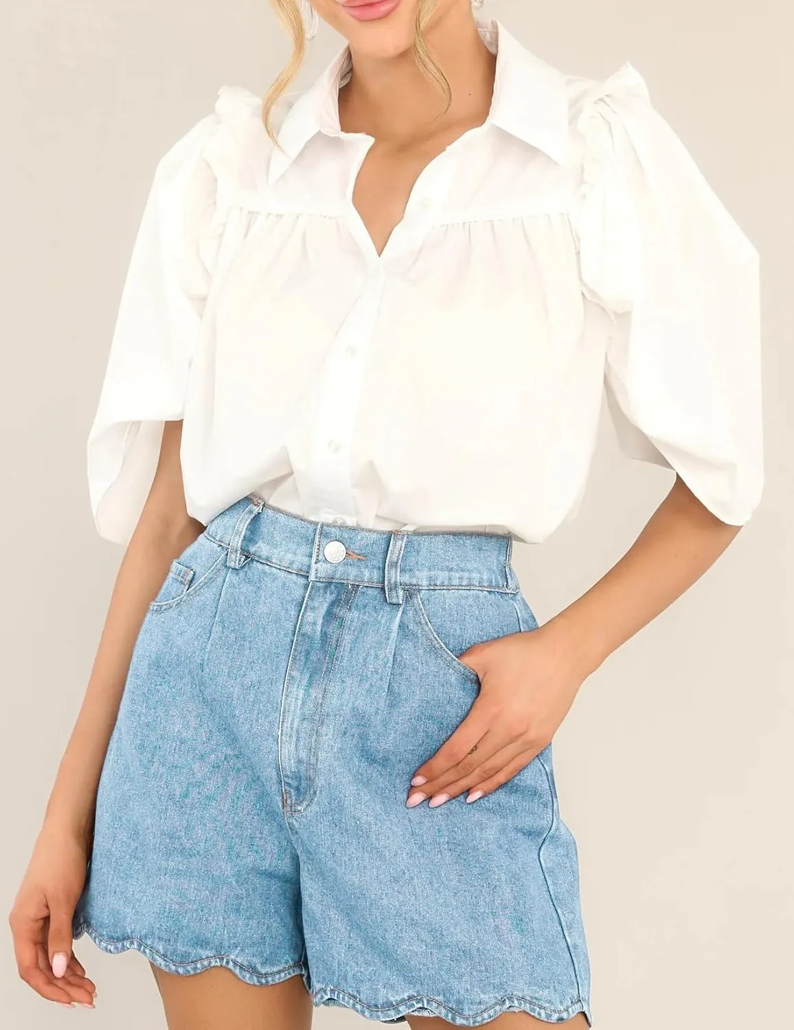 Women Casual High Waist Jean Shorts Wave Hem Trendy Flared Denim Short