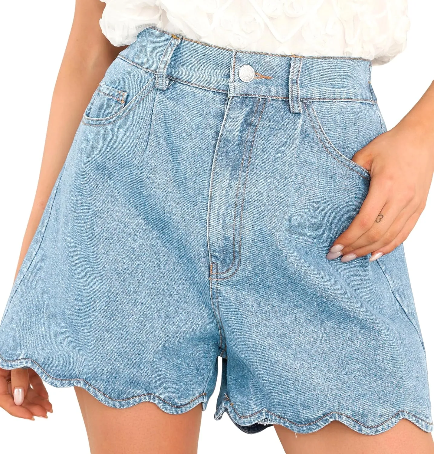 Women Casual High Waist Jean Shorts Wave Hem Trendy Flared Denim Short