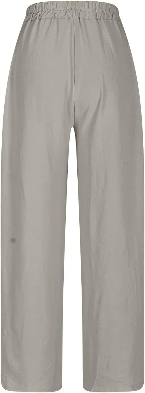 Women Cotton Linen Pants, Lightweight Summer Drawstring Tapered Trousers Casual Elastic High Waist Slack with Pockets