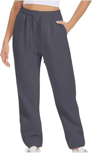 Women Drawstring Sweatpants Elastic Waist Sweatpant Plus Thick Trousers Solid Workout Pants Multi Pockets Fall Pant