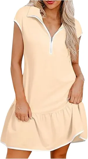 Women Dresses Casual Spring Summer Colorblock Cap Sleeve Half Zip Patchwork Tunic Mini Dress Flowy Swing Ruffles Dress