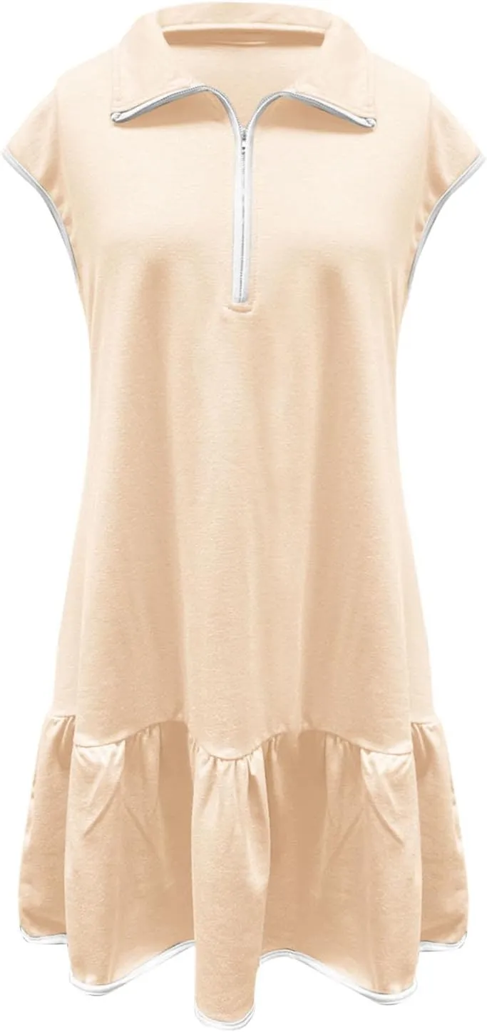 Women Dresses Casual Spring Summer Colorblock Cap Sleeve Half Zip Patchwork Tunic Mini Dress Flowy Swing Ruffles Dress