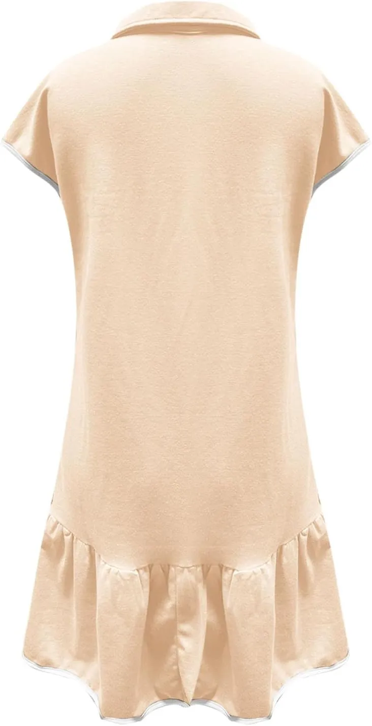 Women Dresses Casual Spring Summer Colorblock Cap Sleeve Half Zip Patchwork Tunic Mini Dress Flowy Swing Ruffles Dress