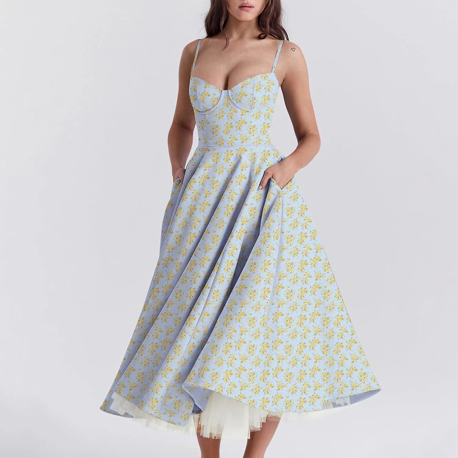 Women Floral Corset Dress Sleeveless Spaghetti Strap Bustier Midi Dress Low Cut Flowy Pleated Formal Party Dress
