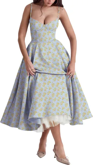 Women Floral Corset Dress Sleeveless Spaghetti Strap Bustier Midi Dress Low Cut Flowy Pleated Formal Party Dress