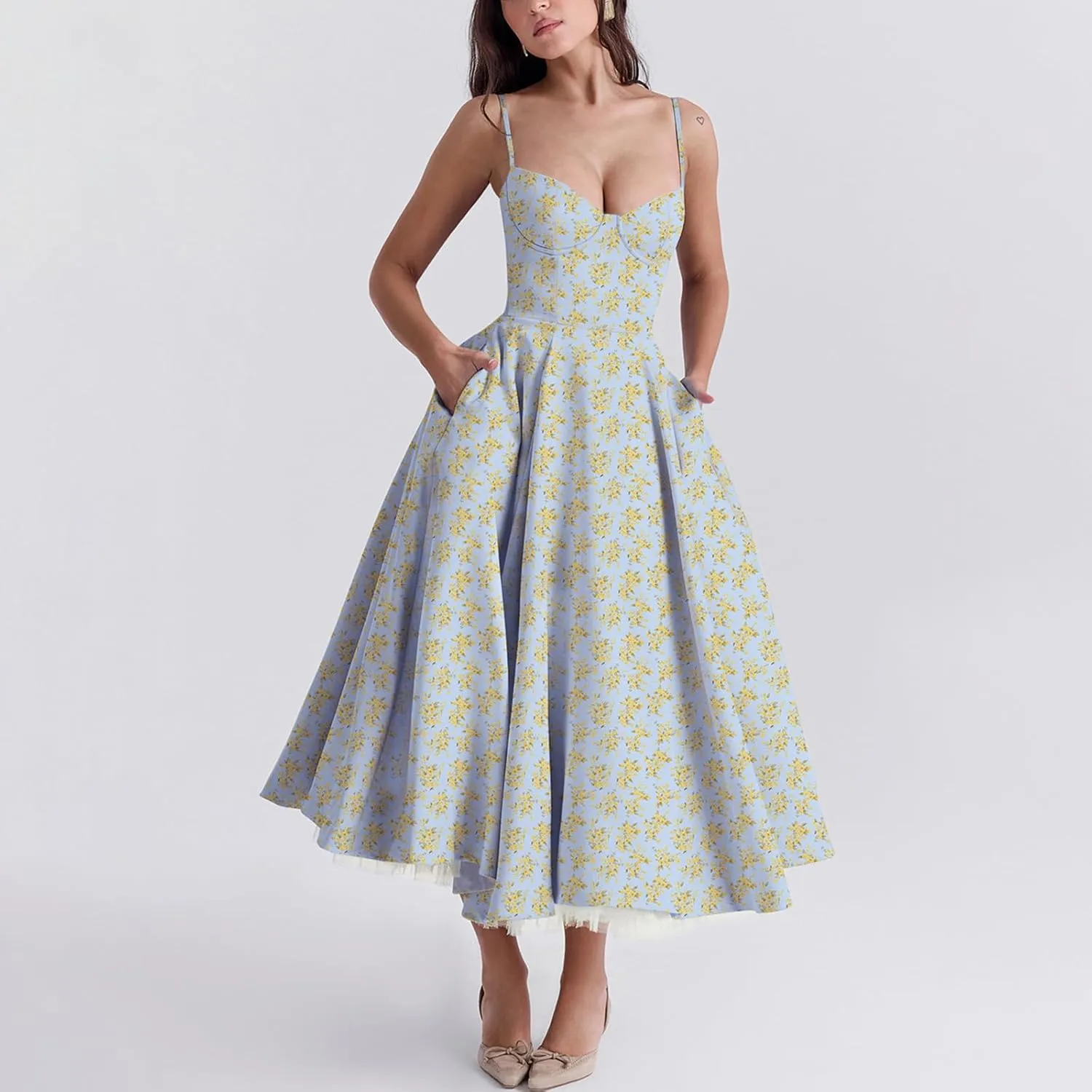 Women Floral Corset Dress Sleeveless Spaghetti Strap Bustier Midi Dress Low Cut Flowy Pleated Formal Party Dress
