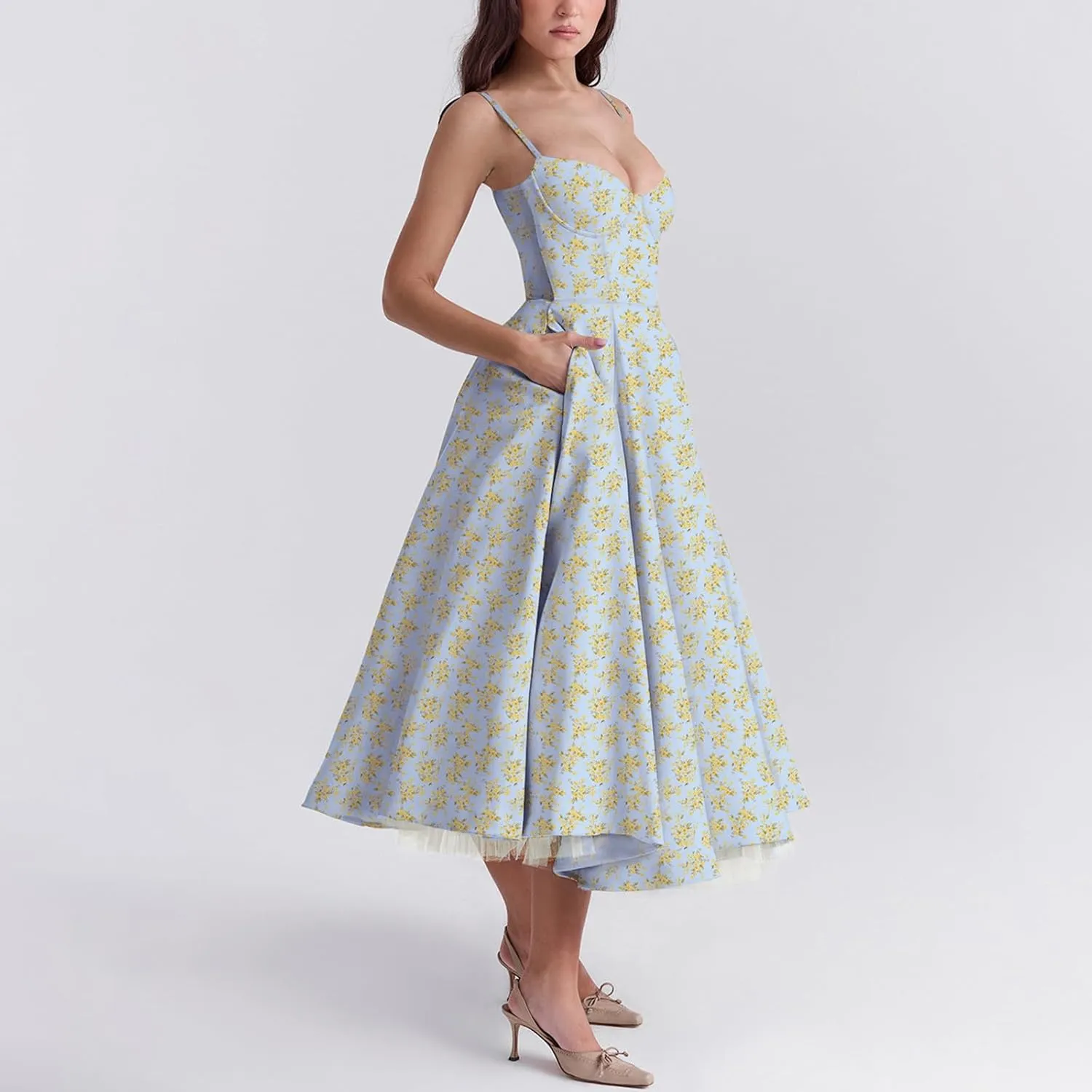 Women Floral Corset Dress Sleeveless Spaghetti Strap Bustier Midi Dress Low Cut Flowy Pleated Formal Party Dress